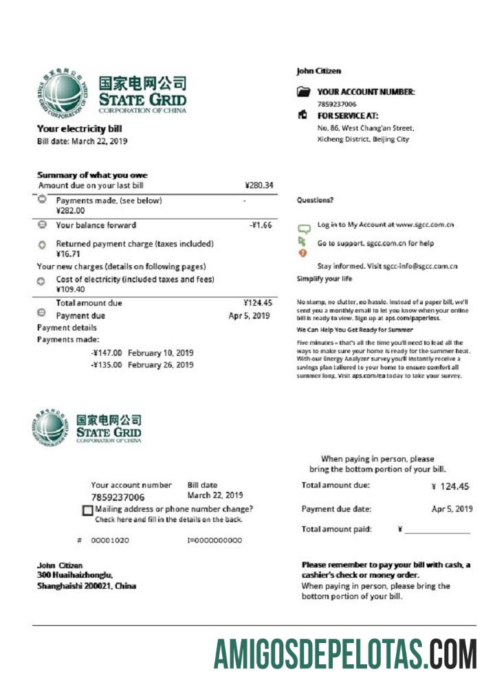 Conta de serviços públicos de eletricidade da China State Grid Corporation da China modelo